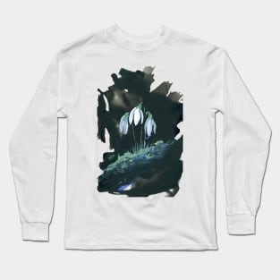 Gouache Snowdrop Flowers on Black Background Long Sleeve T-Shirt